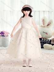 2016 Perfect Bateau Champagne Flower Little Girl Dress with Appliques and Belt