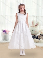 2016 Pretty Scoop White Flower Little Girl Dress with Lace and Belt