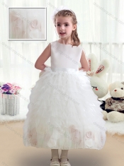 2016 Sweet Scoop White Flower Little Girl Dress with Ruffles