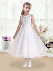 Cheap Princess Scoop White Flower Little Girl Dresss with Appliques