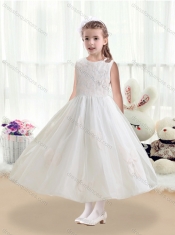 Cheap Scoop Tea Length White Flower Adorable Little Girl Pageant Dresses with Appliques