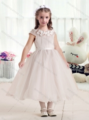 Classical Cap Sleeves Flower Girl Dresses with Appliques and Belt