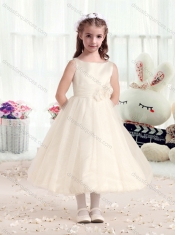 Fashionable Bateau Flower Little Girl Dress with Hand Made Flowers