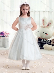 Fashionable Bateau Flower Little Girl Dress with Hand Made Flowers