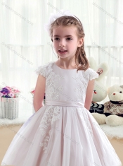 Fashionable Scoop Cap Sleeves Flower Little Girl Dress with Appliques