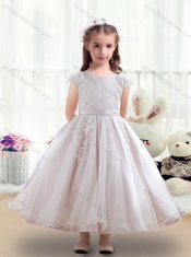 Fashionable Scoop Cap Sleeves Flower Little Girl Dress with Appliques