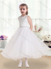 Fashionable Scoop Tea Length Flower Girl Dresses with Lace