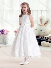 Latest Princess Scoop White Flower Little Girl Dress in Lace
