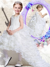 Lovely Scoop High Low White Flower Adorable Little Girl Pageant Dresses with Ruffled Layers