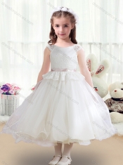 Lovely Tea Length White Flower Little Girl Dress with Appliques