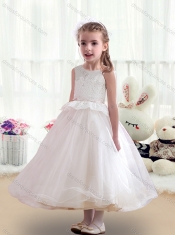 Lovely Tea Length White Flower Little Girl Dress with Appliques
