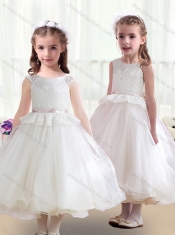 Lovely Tea Length White Flower Little Girl Dress with Appliques