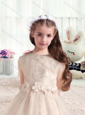 New Style Bateau Champagne Flower Little Girl Dress with Appliques