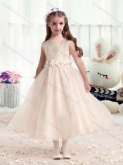 New Style Bateau Champagne Flower Little Girl Dress with Appliques