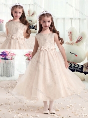 New Style Bateau Champagne Flower Little Girl Dress with Appliques