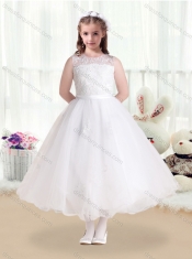 New Style Scoop Appliques White Flower Little Girl Dress