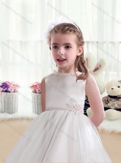 Pretty Bateau Appliques Flower Little Girl Dress with Tea Length