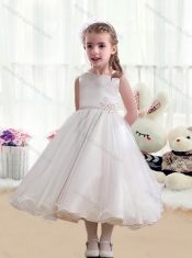 Pretty Bateau Appliques Flower Little Girl Dress with Tea Length