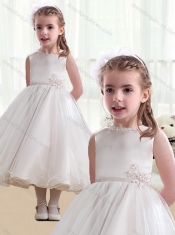 Pretty Bateau Appliques Flower Little Girl Dress with Tea Length