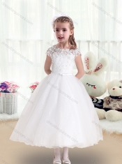 Pretty Bateau Cap Sleeves White Flower Little Girl Dress