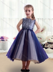 Pretty Ruching Tea Length Scoop Flower Little Girl Dress