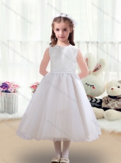 Pretty Ruching Tea Length Scoop Flower Little Girl Dress