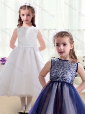 Pretty Ruching Tea Length Scoop Flower Little Girl Dress