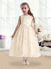 Pretty Scoop Lace and Belt Flower Little Girl Dress in White