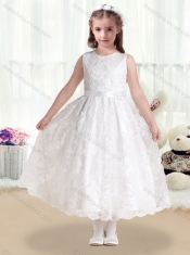 Pretty Scoop Lace and Belt Flower Little Girl Dress in White
