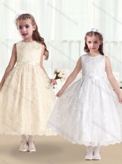 Pretty Scoop Lace and Belt Flower Little Girl Dress in White