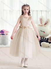 Romantic Ball Gown Bateau Champagne Flower Little Girl Dress with Belt