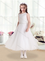 Romantic Scoop White Flower Little Girl Dress with Beading