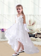 Romantic V Neck Appliques High Low White Flower Little Girl Dress