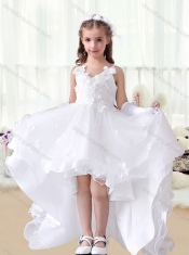 Romantic V Neck Appliques High Low White Flower Little Girl Dress