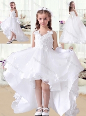 Romantic V Neck Appliques High Low White Flower Little Girl Dress