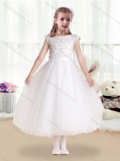 Sweet Bateau Cap Sleeves Flower Little Girl Dress  with Appliques