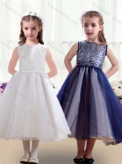 Sweet Scoop Ruching Tea Length Flower Adorable Little Girl Pageant Dresses