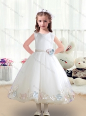 Top Selling Scoop White Flower Little Girl Dress with Appliques