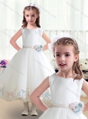 Top Selling Scoop White Flower Little Girl Dress with Appliques