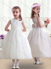 Top Selling White Flower Little Girl Dress with Bowknot