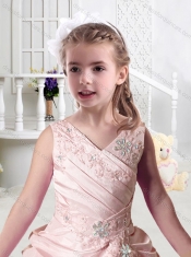 Pretty V Neck Appliques Little Girl Pageant Dresses in Baby Pink