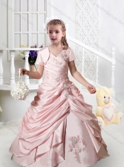 Pretty V Neck Appliques Little Girl Pageant Dresses in Baby Pink