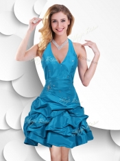 2016 Halter Top Taffeta Teal Prom Dress with Bubles