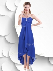 2016 Simple Spaghetti Straps High Low Blue Prom Dress with Beading