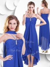 2016 Simple Spaghetti Straps High Low Blue Prom Dress with Beading