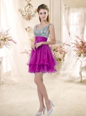 Hot Sale Straps Short Sexy Prom  Fuchsia Dresses with Sequins