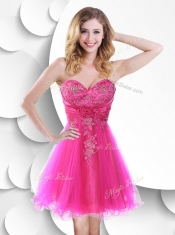 Lovely Short Hot Pink 2016  Prom Dress with Beading and Hand Made Flowers