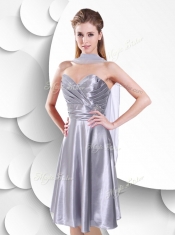 Sexy Empire Elastic Woven Satin Silver Prom Dress with Beading and Ruching