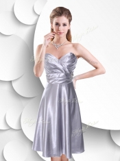 Sexy Empire Elastic Woven Satin Silver Prom Dress with Beading and Ruching