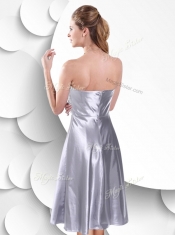 Sexy Empire Elastic Woven Satin Silver Prom Dress with Beading and Ruching